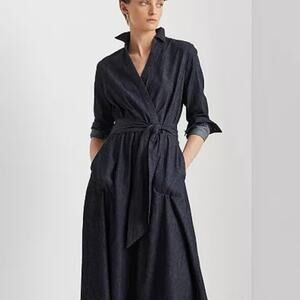 Lauren Ralph Lauren Faux-Wrap Belted Denim Midi Dress SZ 10